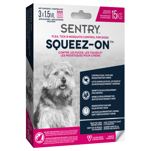 Sentry Squeez-On flea, tick, and mosquito control packaging for dogs on a white background