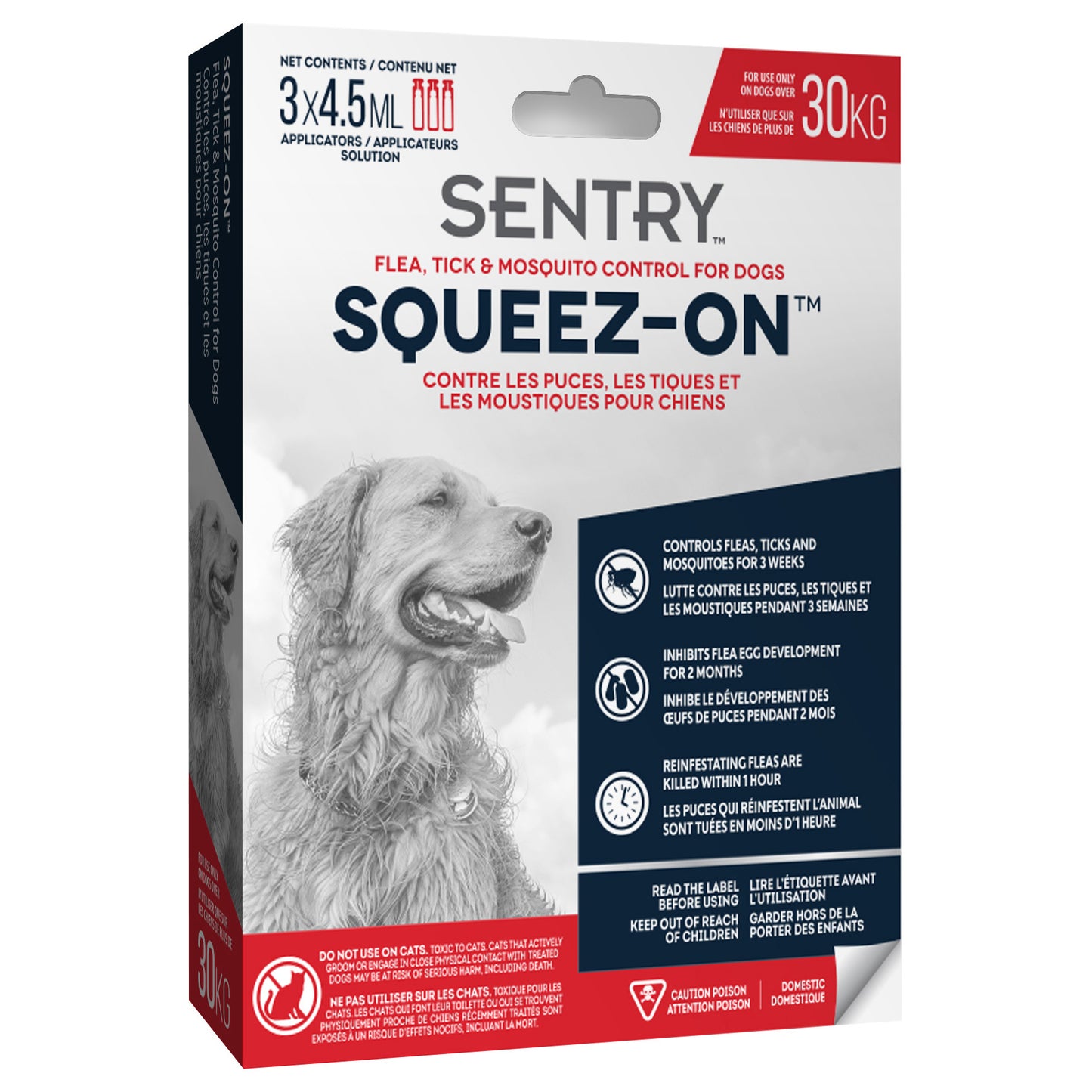 Sentry Squeez-On flea, tick, and mosquito control packaging for dogs on a white background
