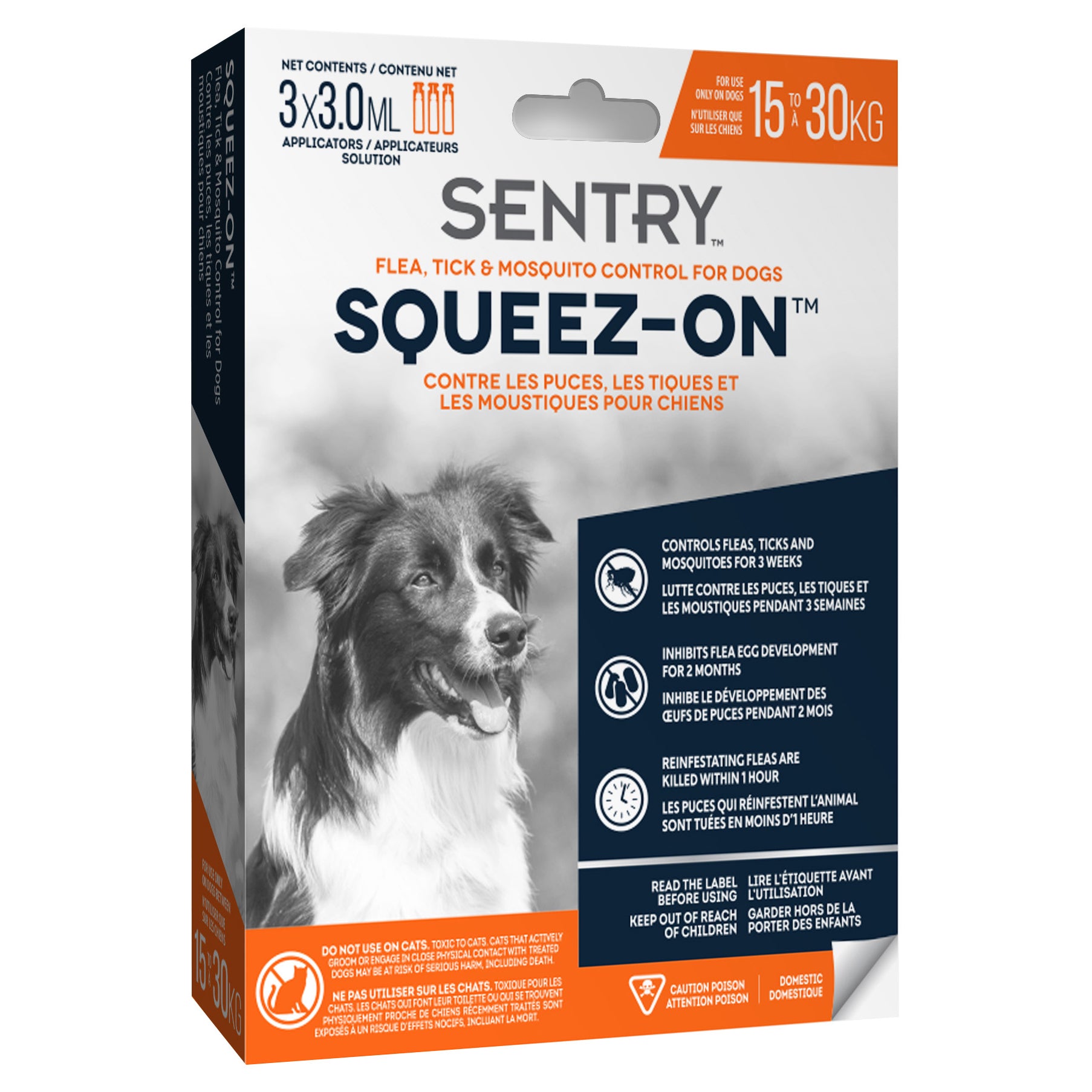 Sentry Squeez-On flea, tick, and mosquito control packaging for dogs on a white background