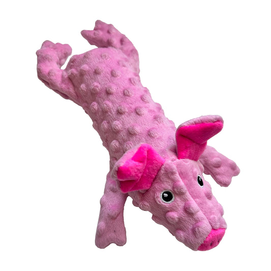 Pink dog toy shaped like a fish on a white background