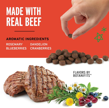 Dog food product with text about real beef and aromatic ingredients on a red background