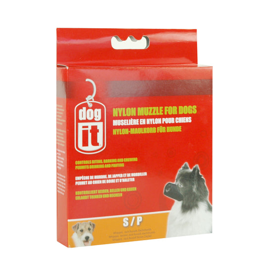Dogit nylon muzzle packaging for dogs on a white background