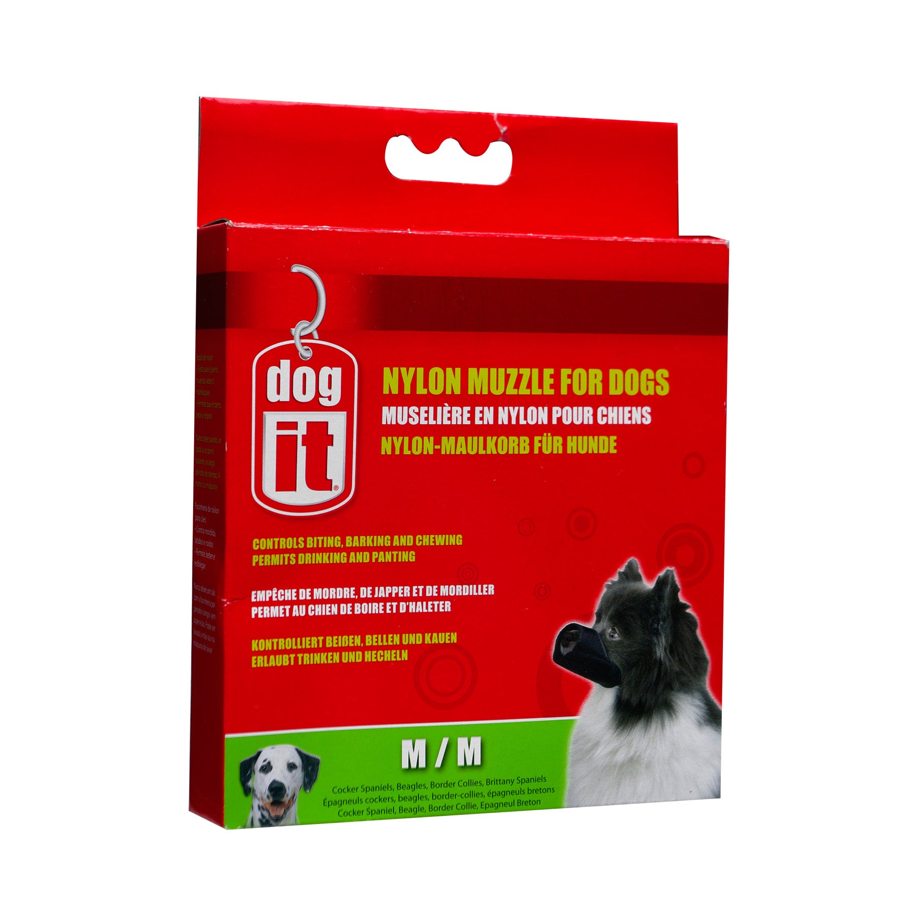 Red packaging of dogit nylon muzzle for dogs with a dog's face on a white background