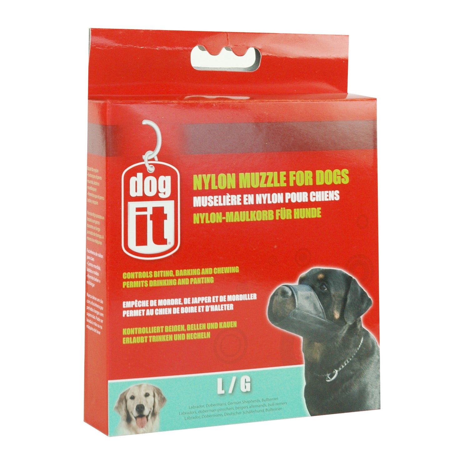 Dogit nylon muzzle packaging for dogs on a white background