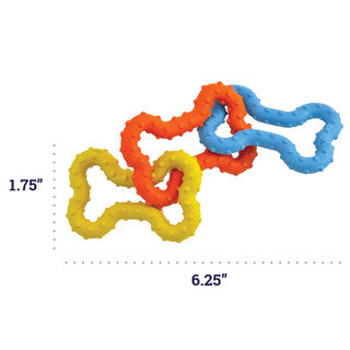 Colorful bone-shaped dog toys with measurements on a white background