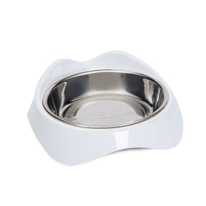 White pet bowl with a stainless steel interior on a white background