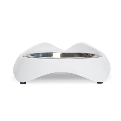 White pet bowl with a silver interior on a white background