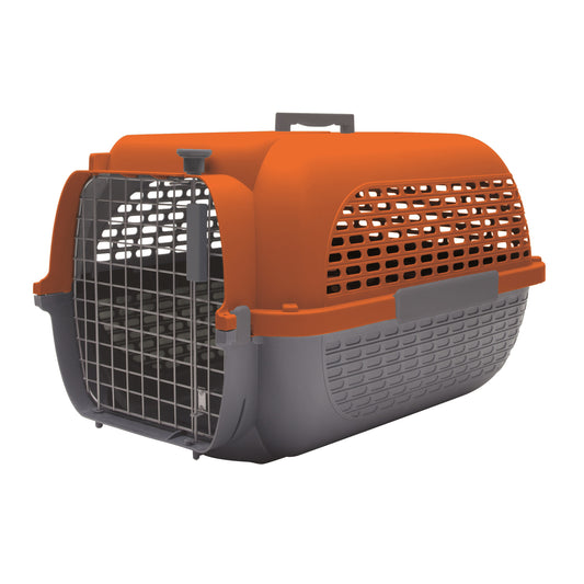 Pet carrier with orange top and gray bottom on a white background