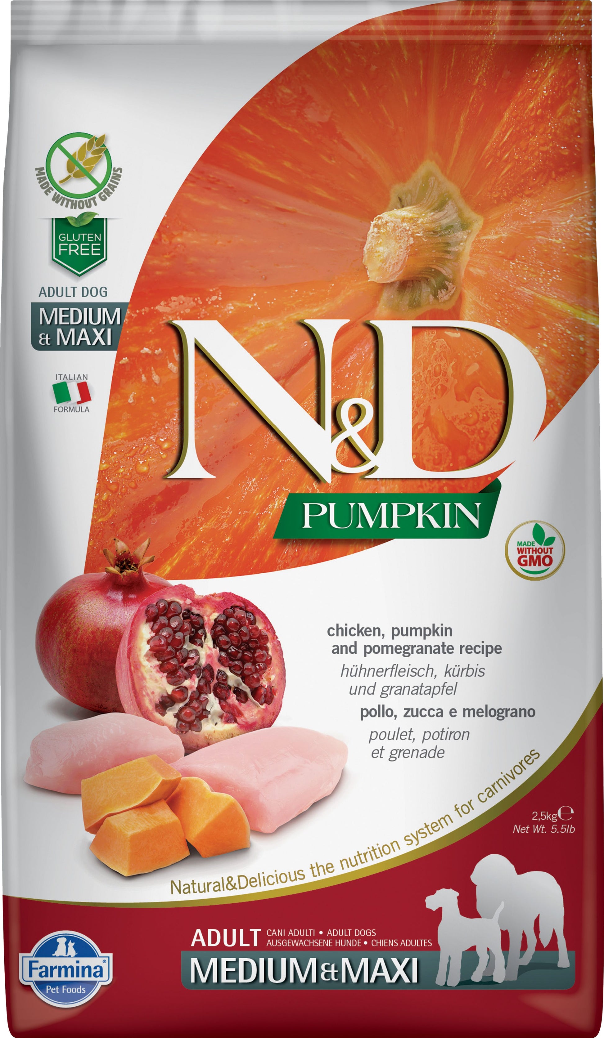 N&D Pumpkin dog food package with pumpkin, pomegranate, and chicken ingredients on a white background