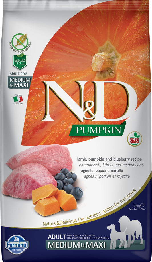 N&D Pumpkin dog food package with ingredients and branding details.