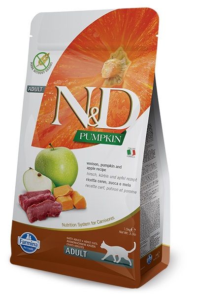 N&D Pumpkin cat food package with visible branding and ingredients.