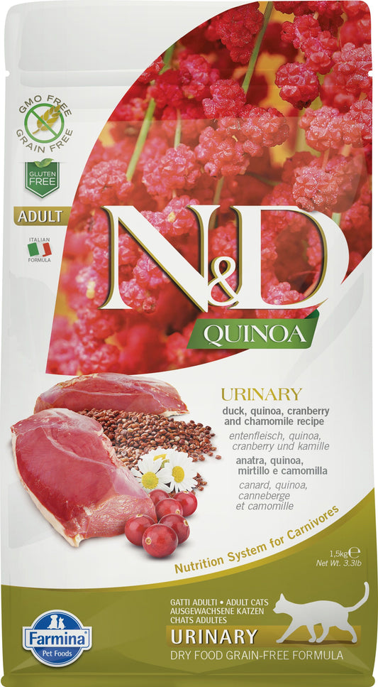 N&D Quinoa cat food package with red berries and duck pieces on a white background