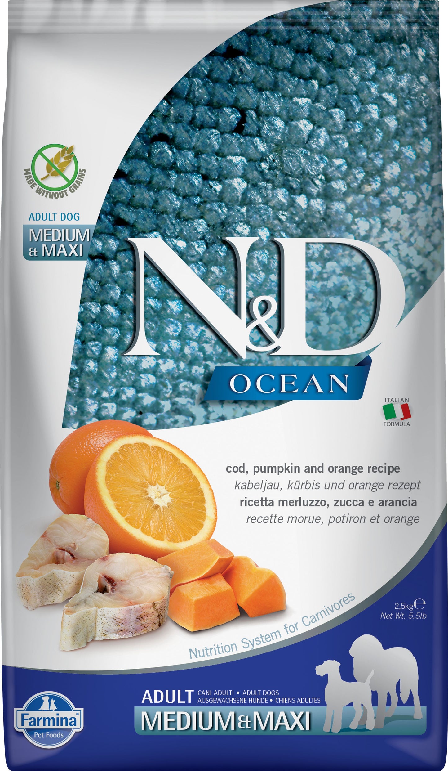 N&D Ocean dog food package with ingredients and branding details.