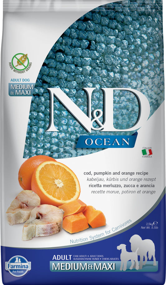 N&D Ocean dog food package with ingredients and branding details.