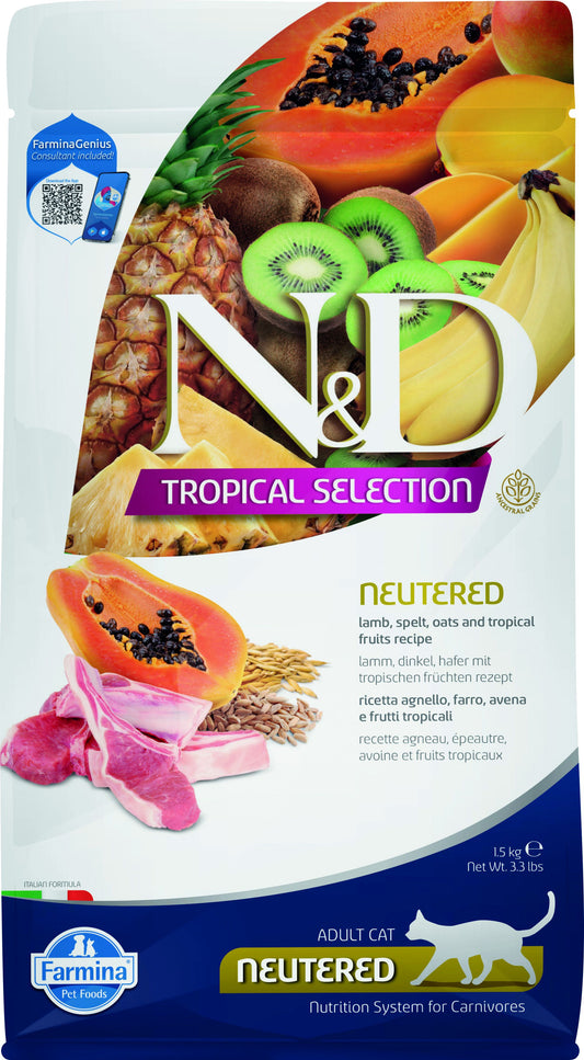 N&D Tropical Selection cat food package with fruits and a QR code on a white background