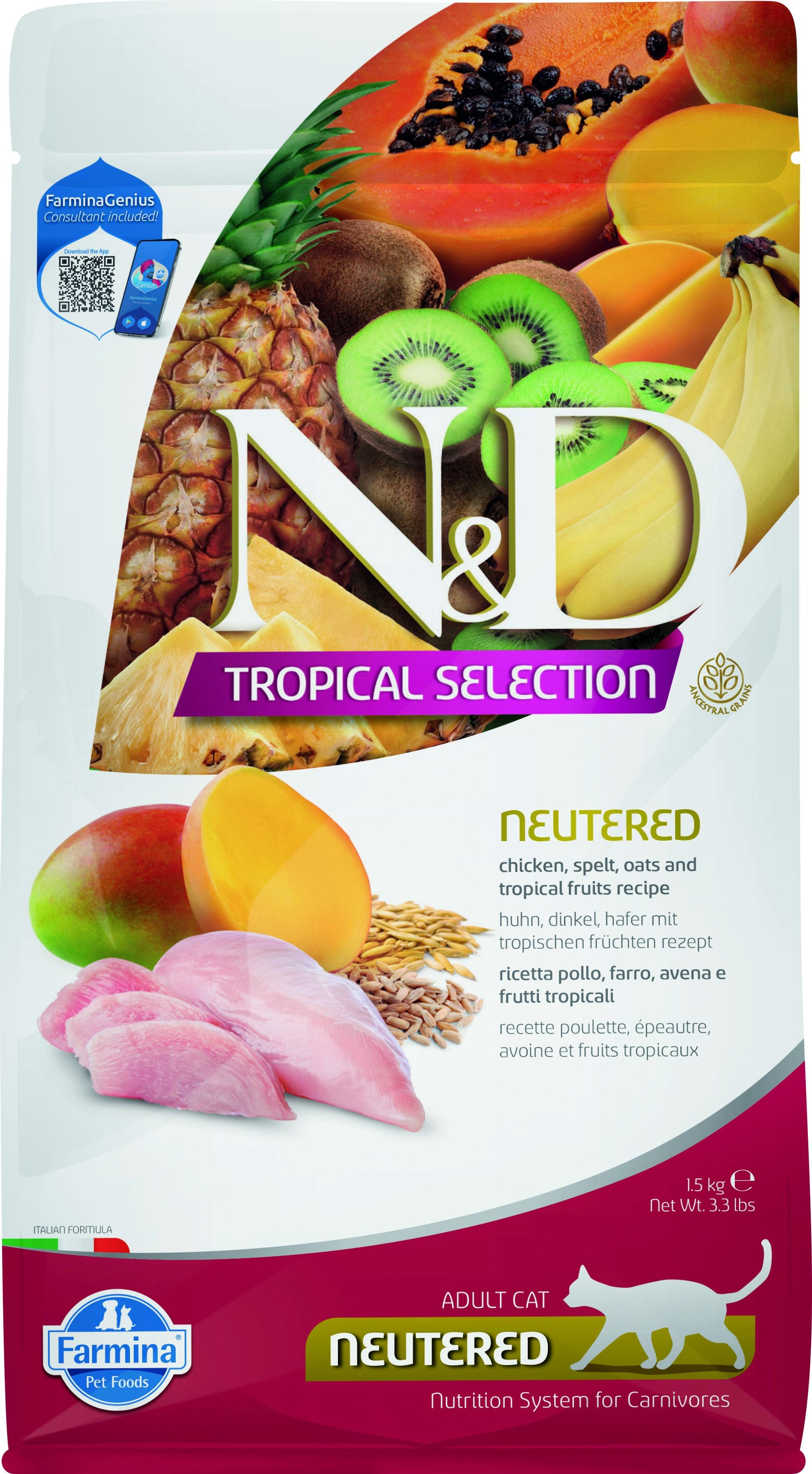 N&D Tropical Selection cat food package with fruits and text on a white background