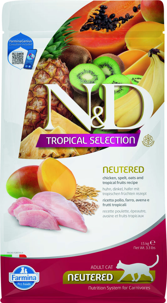N&D Tropical Selection cat food package with fruits and text on a white background