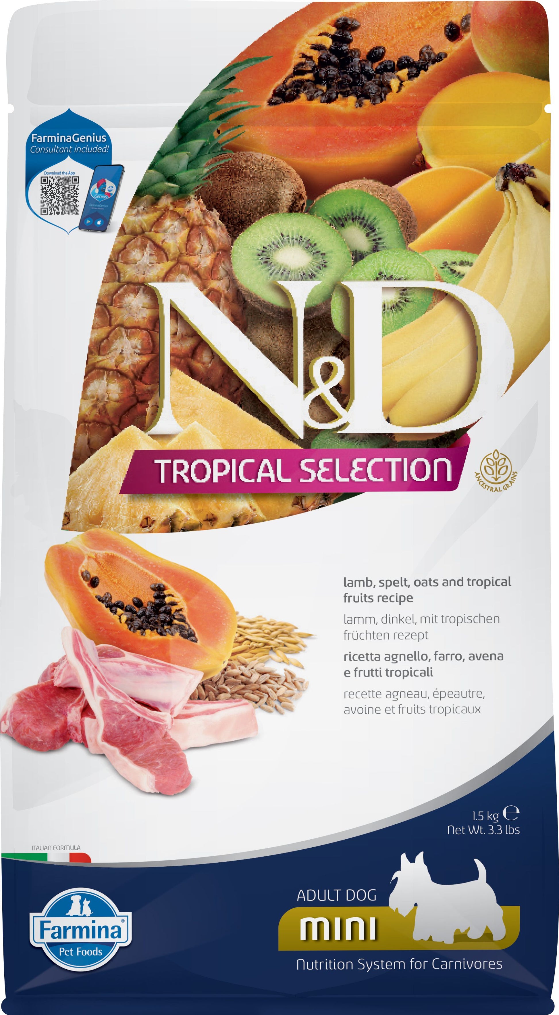 N&D Tropical Selection dog food package with fruits and meat on a white background
