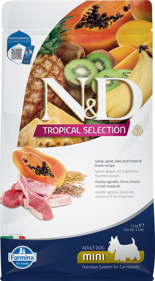 N&D Tropical Selection dog food package with fruits and meat on a white background