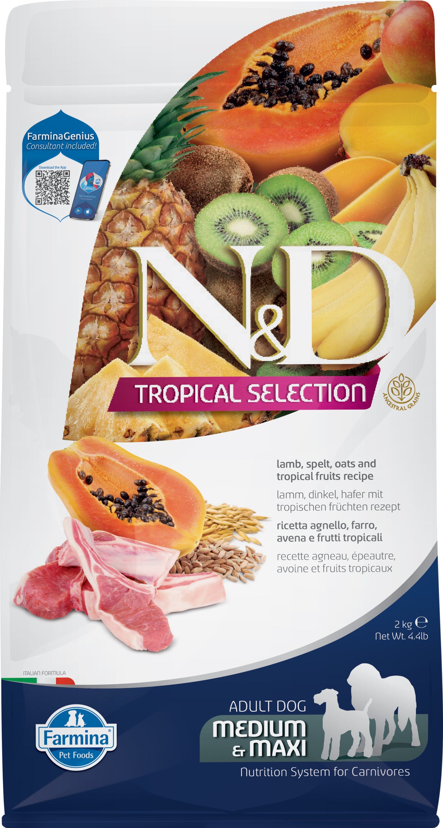N&D Tropical Selection dog food package with fruits and meat on a white background