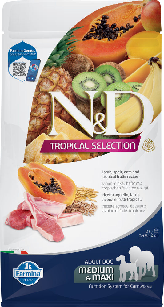 N&D Tropical Selection dog food package with fruits and meat on a white background