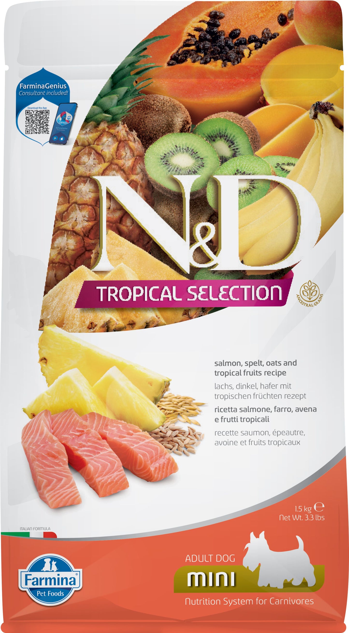N&D Tropical Selection dog food package with fruits and salmon on a white background
