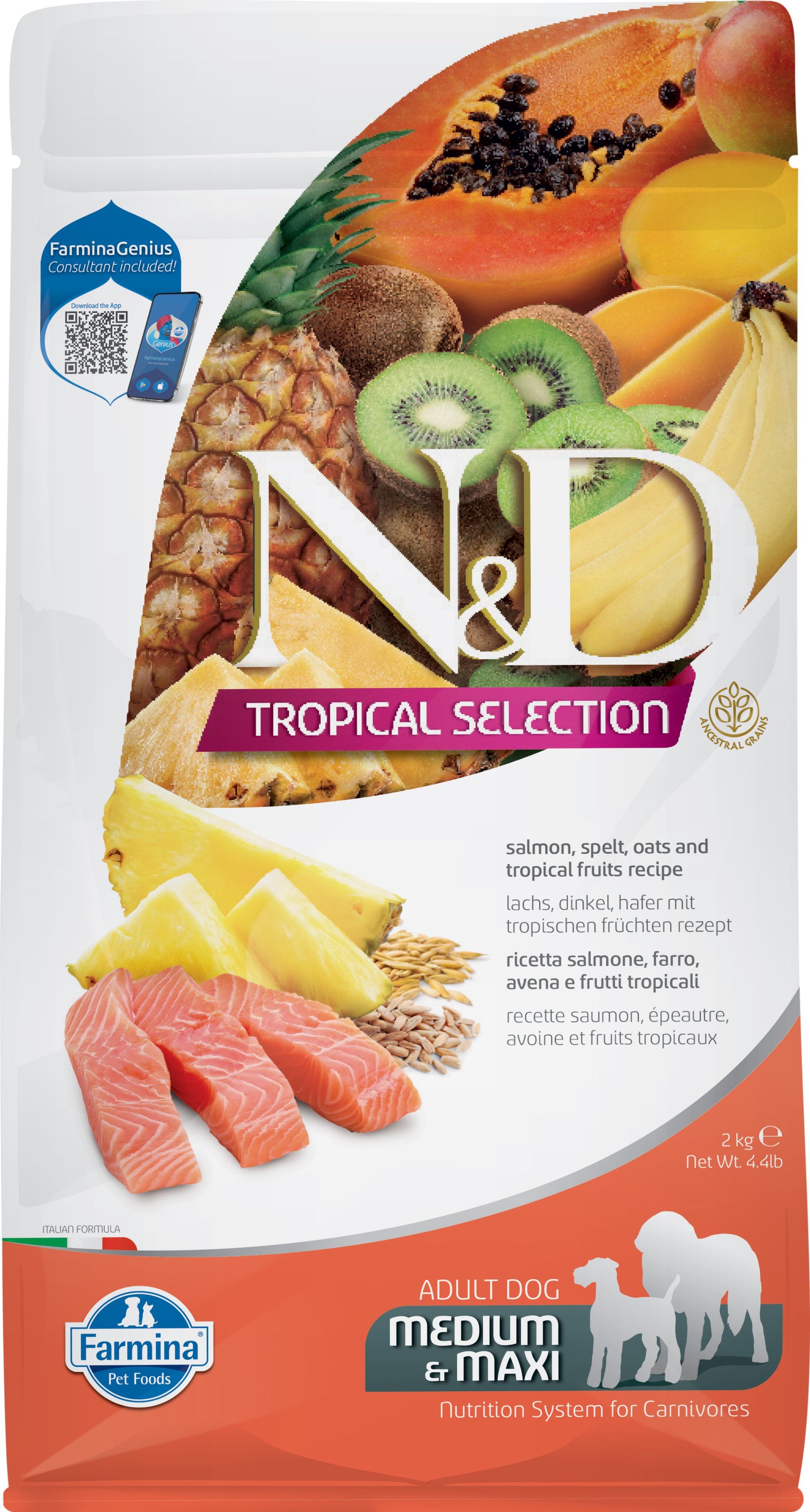 N&D Tropical Selection dog food packaging with fruits and text on a white background
