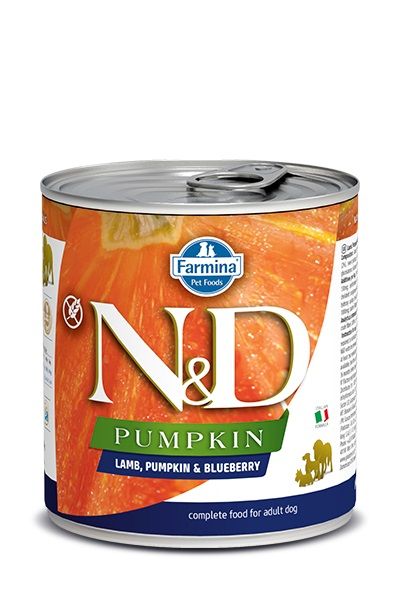 Can of Farmina N&D Pumpkin dog food on a white background