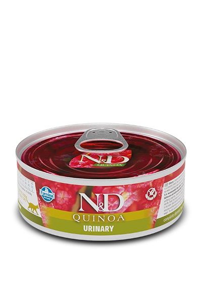 Canned pet food can with 'N&D Quinoa Urinary' label on a white background