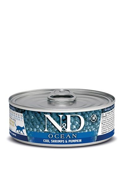 Can of N&D Ocean cat food with blue label on a white background