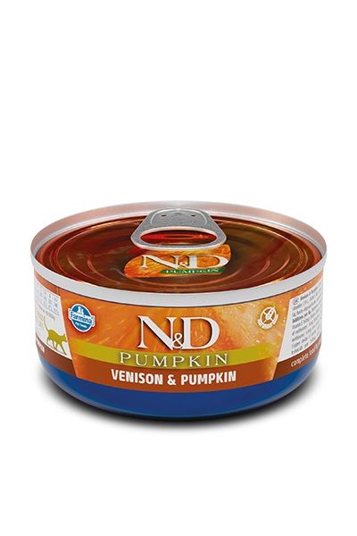 Can of N&D cat food with pumpkin and venison flavor on a white background