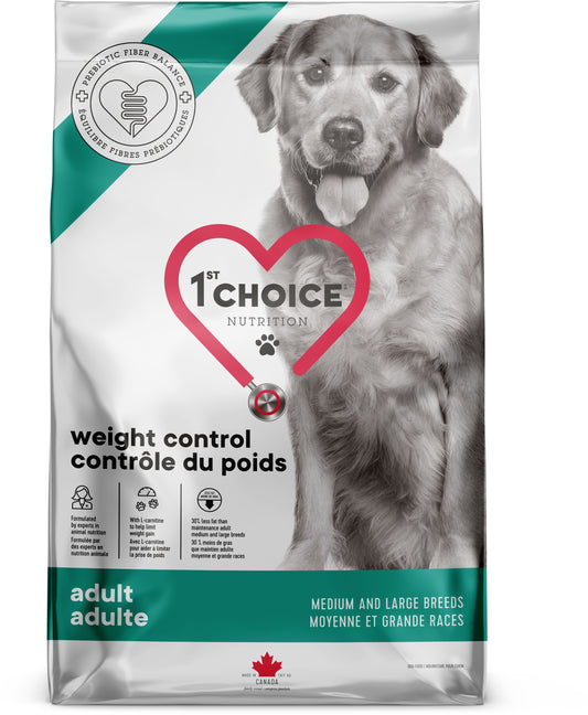 Dog food package with a large dog on the label, featuring the brand '1st Choice Nutrition'.