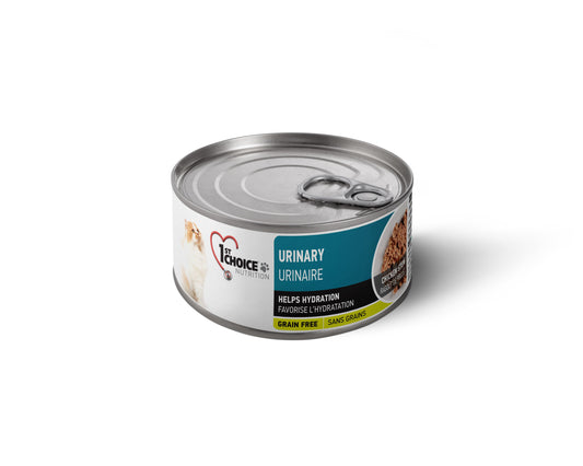 Can of cat food with a label on a white background