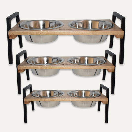 Stylish double bowl mango wood feeder with stainless steel bowls. Handcrafted, sustainable & practical.