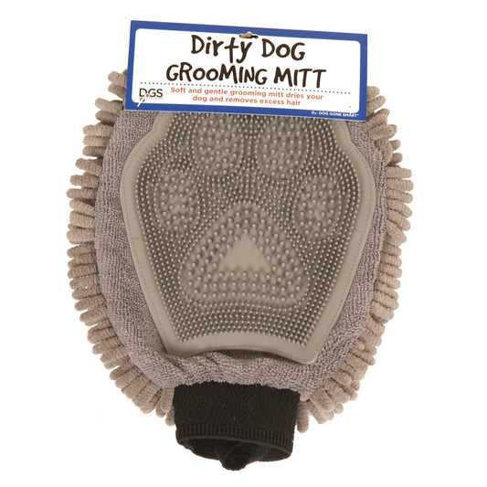 Dirty Dog Grooming Mitt with a label on a white background