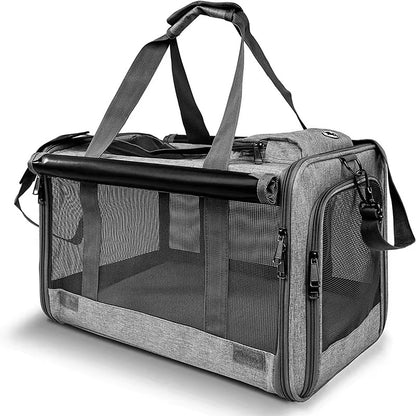 Gray pet carrier with mesh sides and handle on a white background