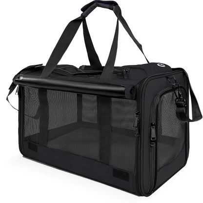 Black pet carrier with mesh sides on a white background