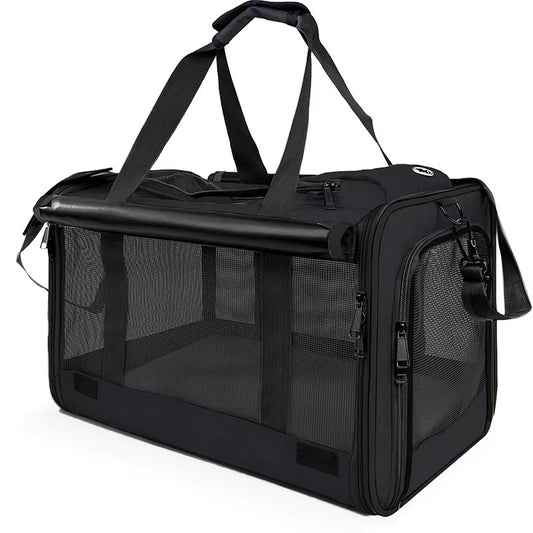 Black pet carrier with mesh sides on a white background
