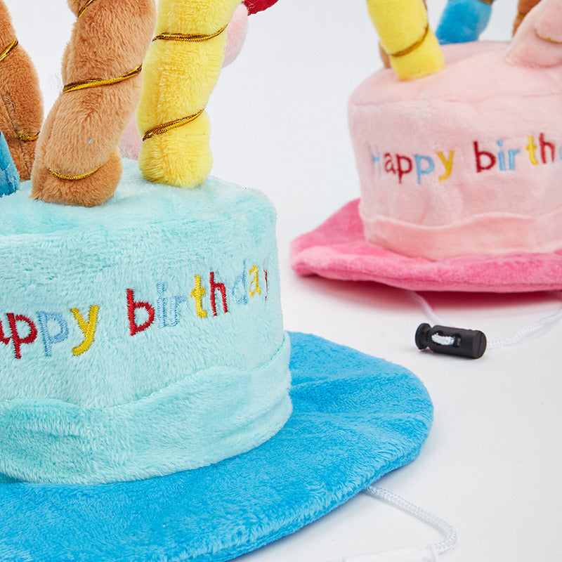 Two plush birthday cake hats with candles for dog and cat