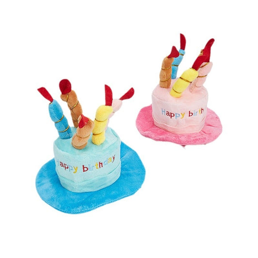 Two plush birthday cake hats with candles for dog and cat
