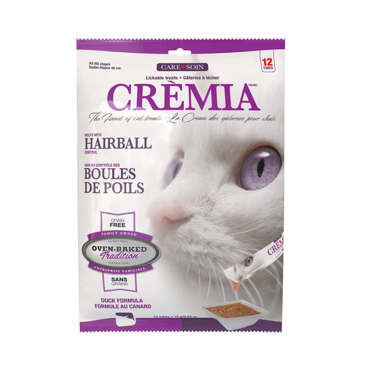 Cremia hairball control cat treats packaging with a cat's face on a white background