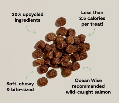 Dog treats with text highlighting features on a beige background