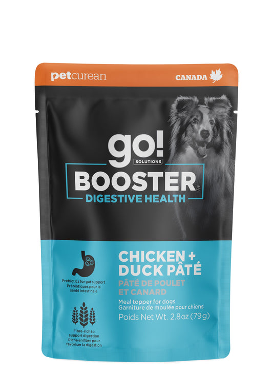 go! Booster Digestive Health chicken and duck pate pet food package on a white background