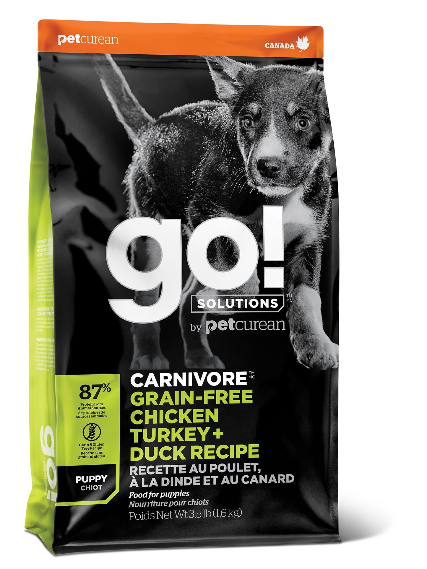 Recette sans céréales au poulet, à la dinde et au canard pour chiots Petcurean Go! Carnivore 