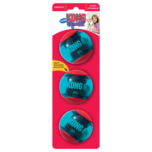 KONG Squeezz dog toy packaging with two blue toys on a red background