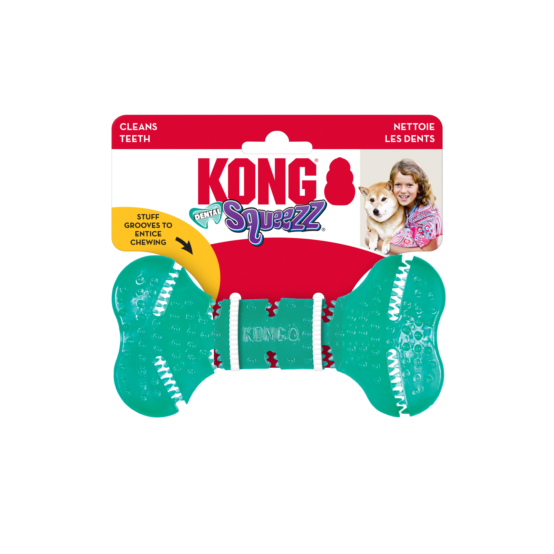 Kong Squezz dog toy packaging with a red and white label on a white background