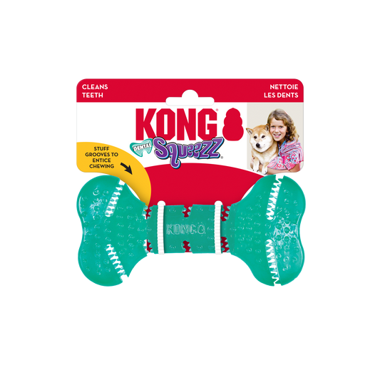 Kong Squezz dog toy packaging with a red and white label on a white background