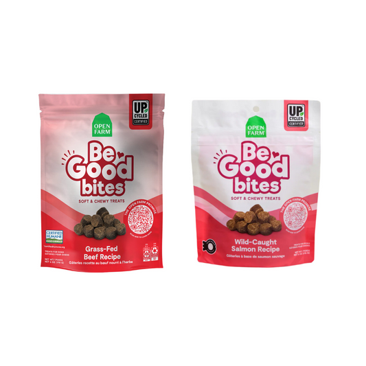 Two packages of Be Good Bites dog treats  beef and salmon on a white background