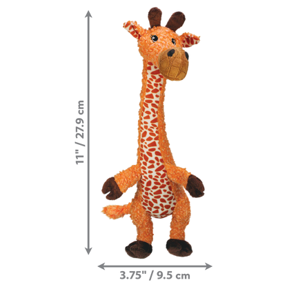 Plush giraffe toy with measurements on a white background