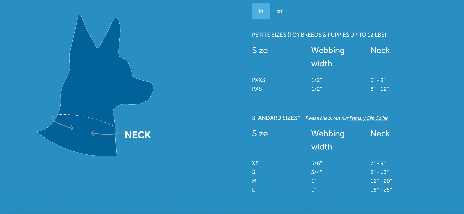 Dog collar size chart with measurements on a blue background